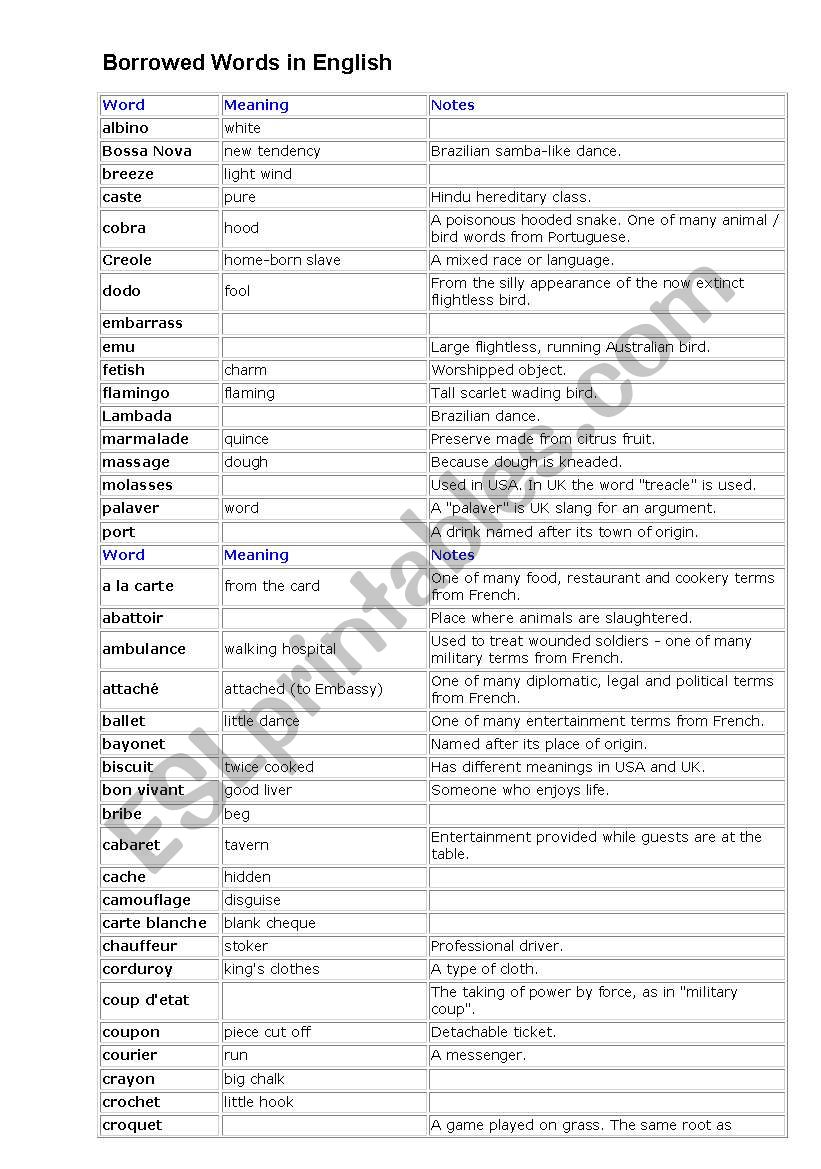 Borrowed Words In English worksheet