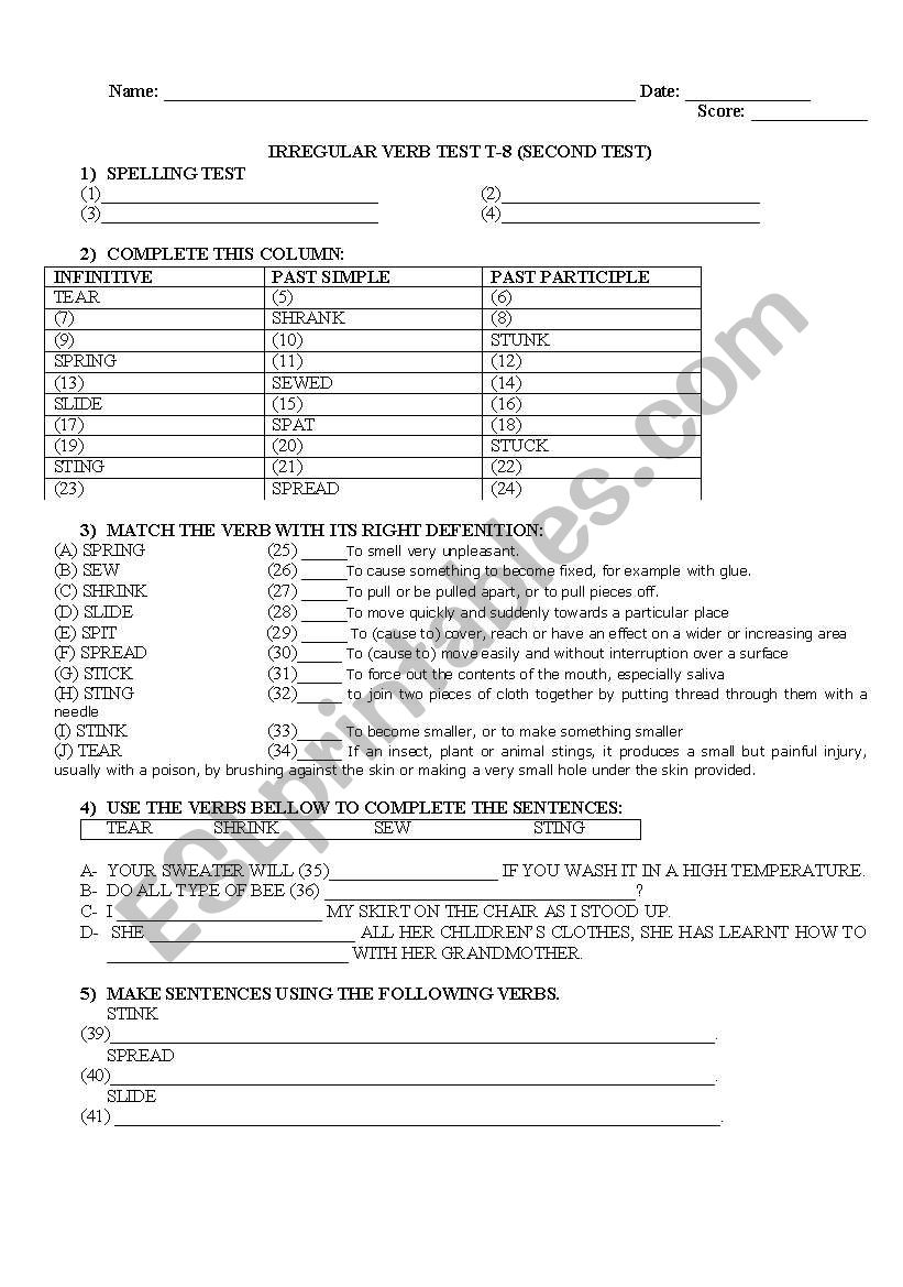 IRREGULAR VERB TEST worksheet