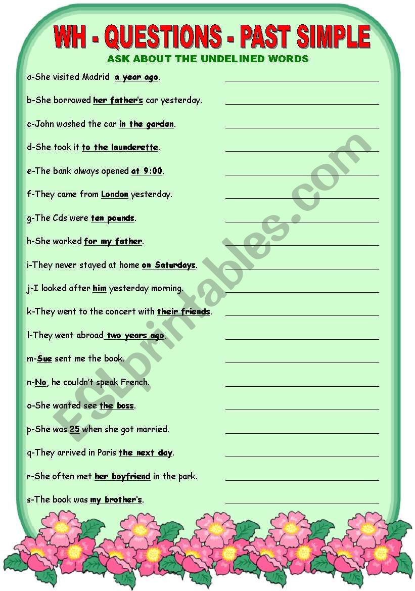 wh questions past simple esl worksheet by coquina