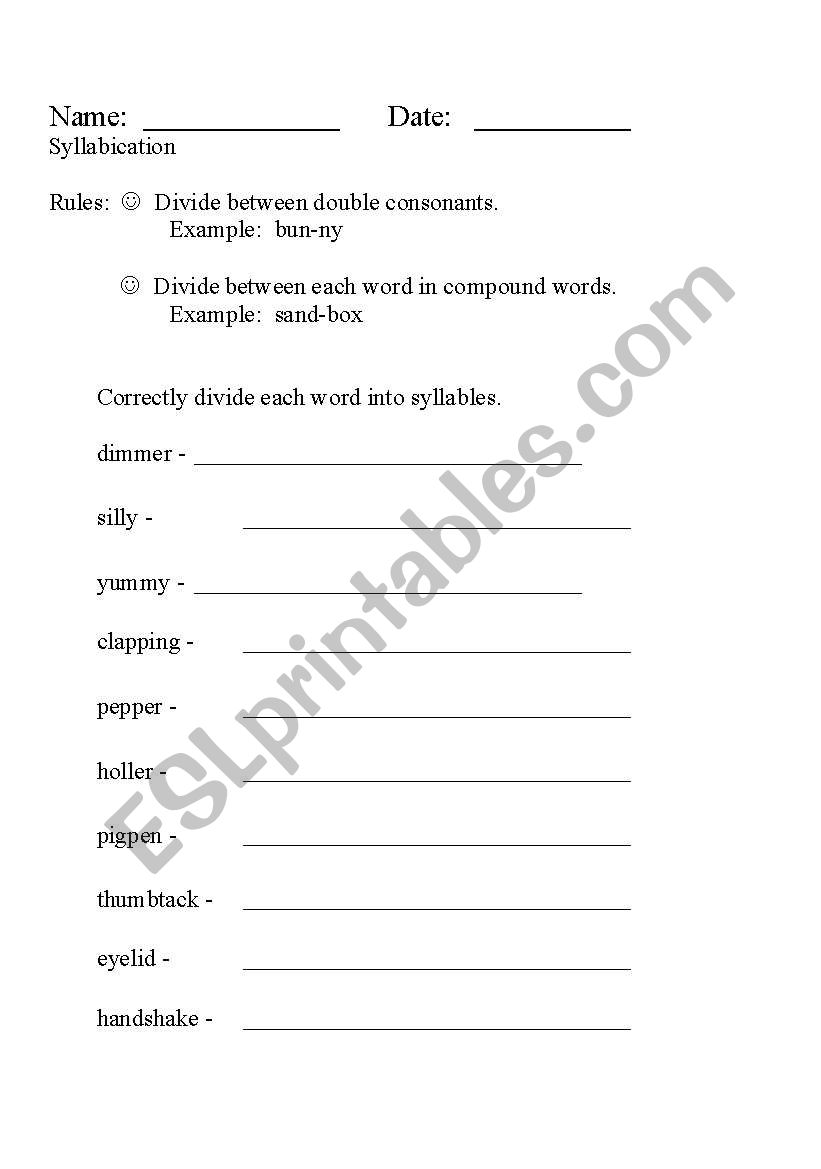 Syllabication Practice worksheet