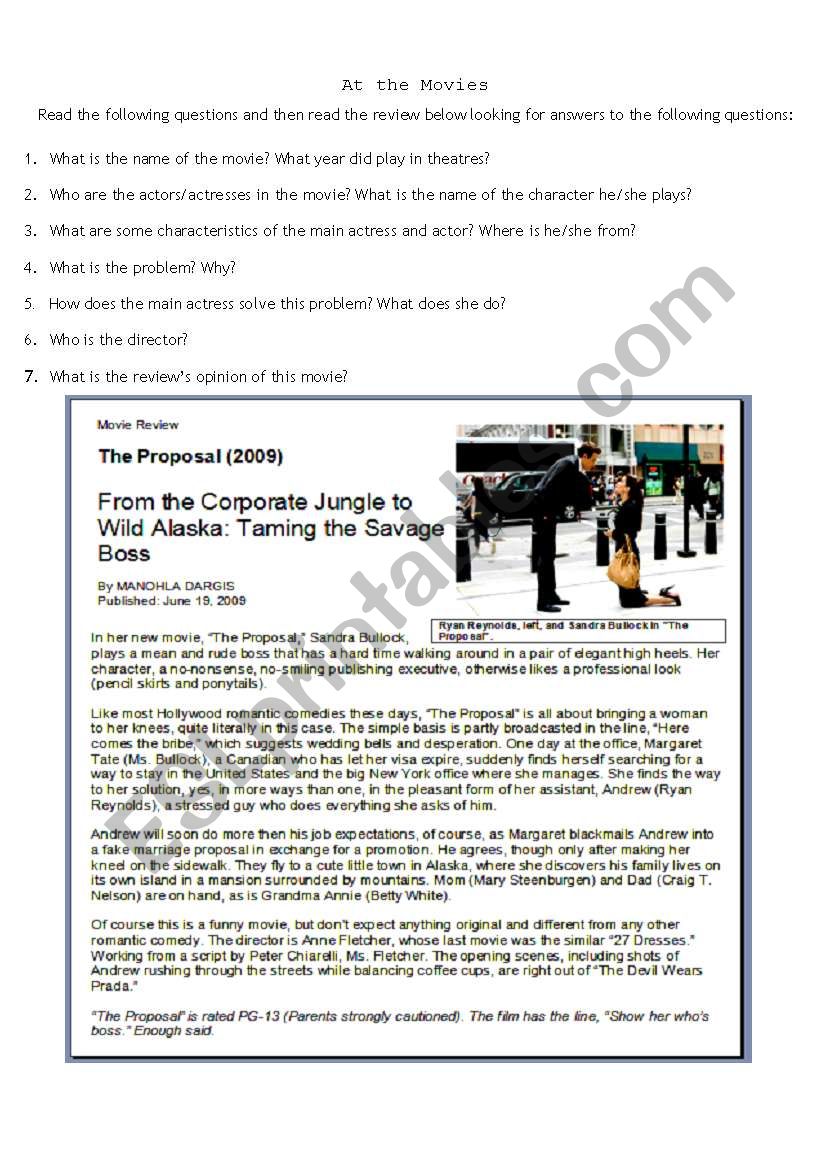 Movie review the proposal worksheet