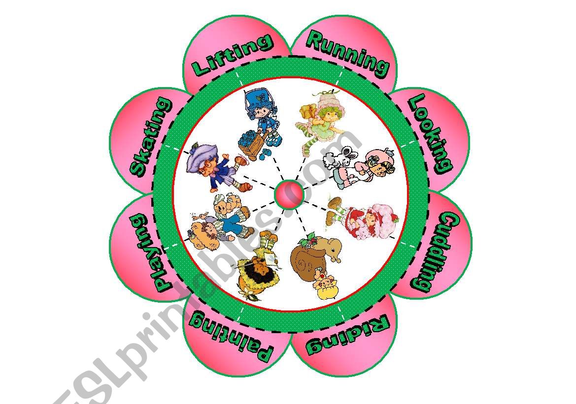 Verb Flower Puzzle with Strawberry Shortcake Characters (16 piece puzzle with 8 verbs)