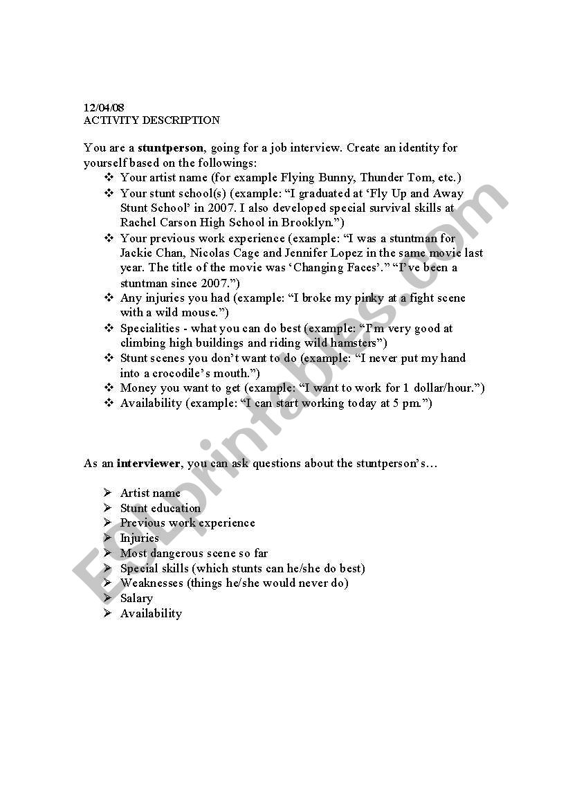 stuntman activity worksheet