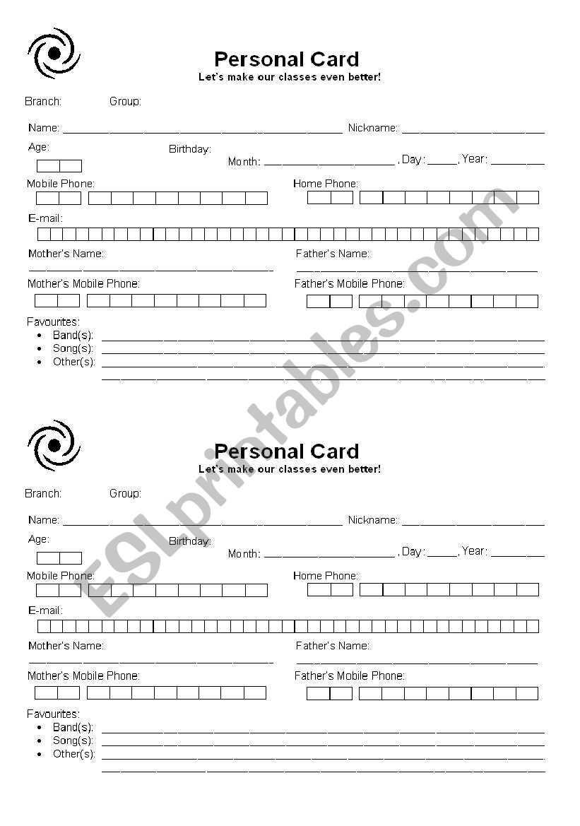 Personal card worksheet