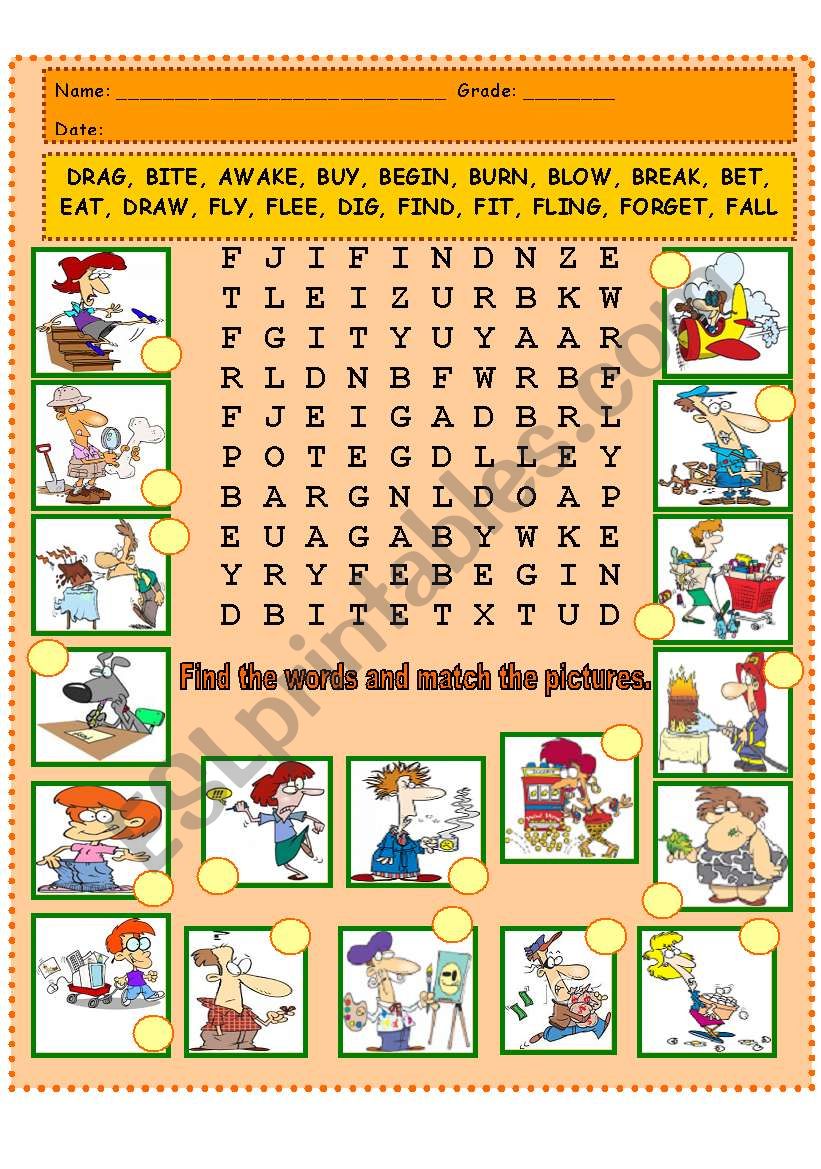 IRREGULAR VERB WORD SEARCH AND MATCHING PICS