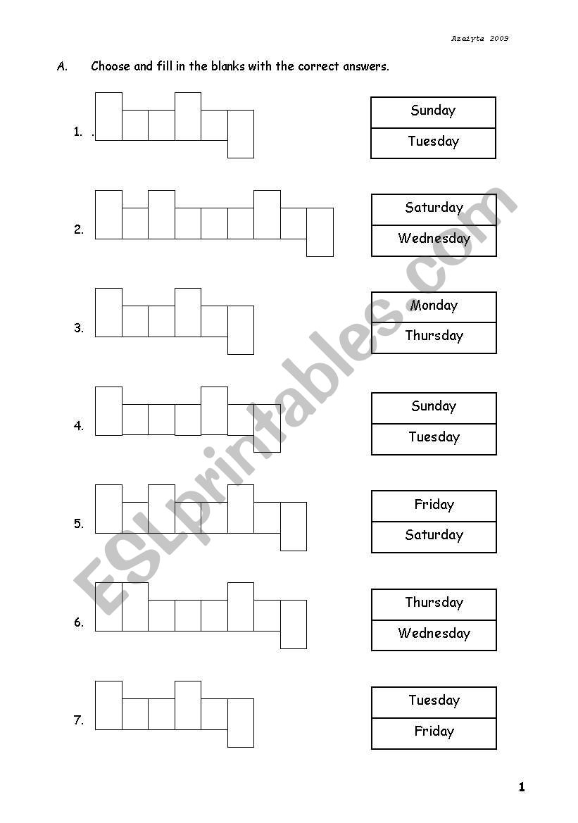 Days Of The Week worksheet