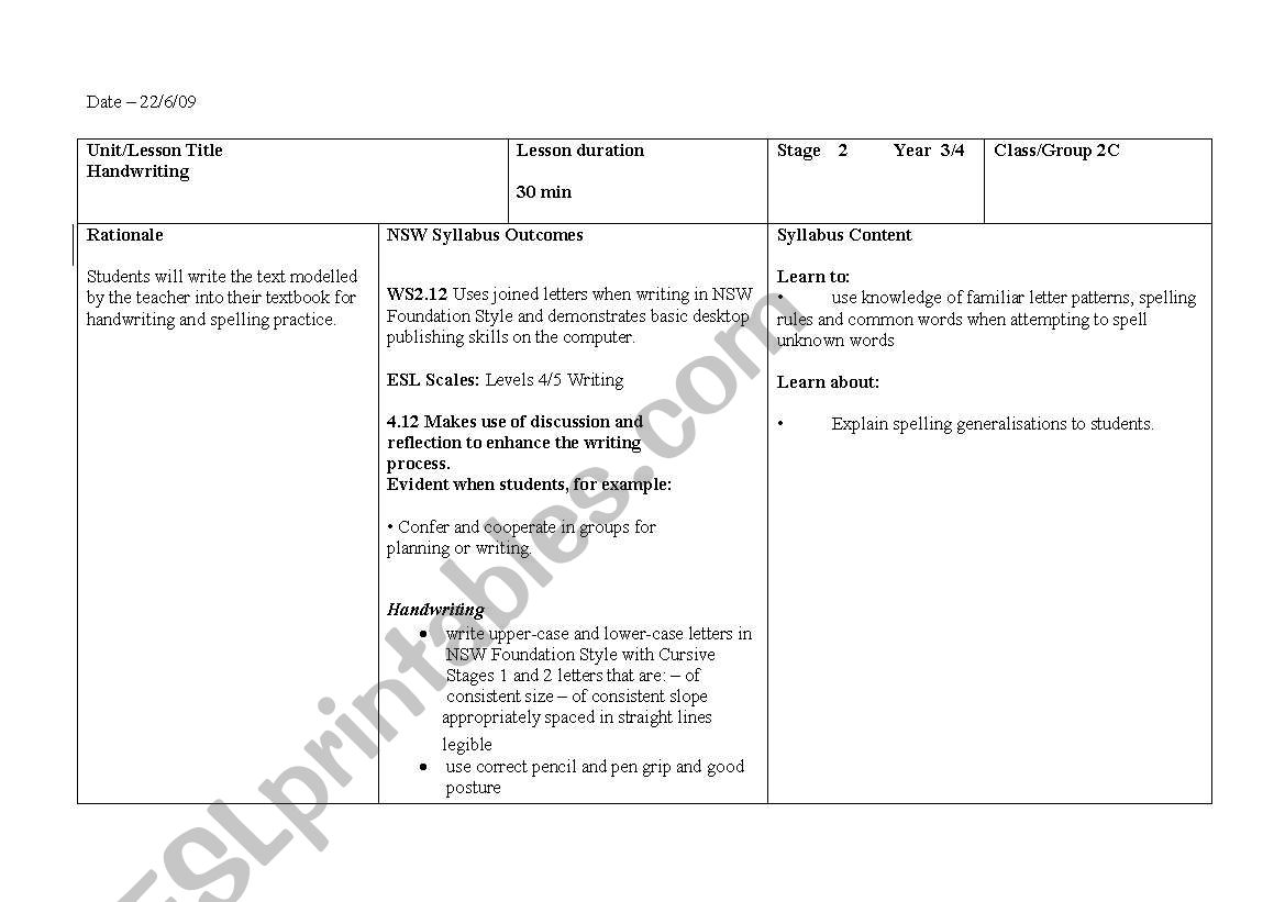 Handwriting lesson Plan worksheet