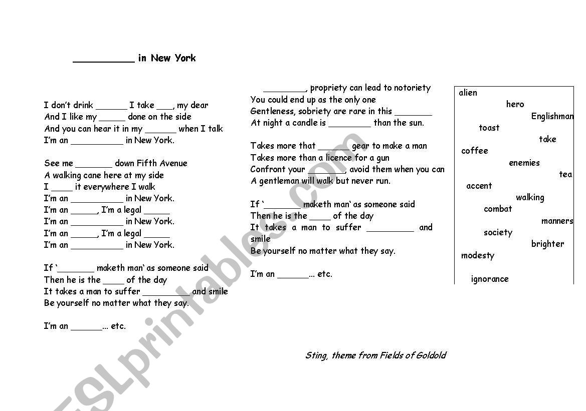 Song Gap Filling worksheet