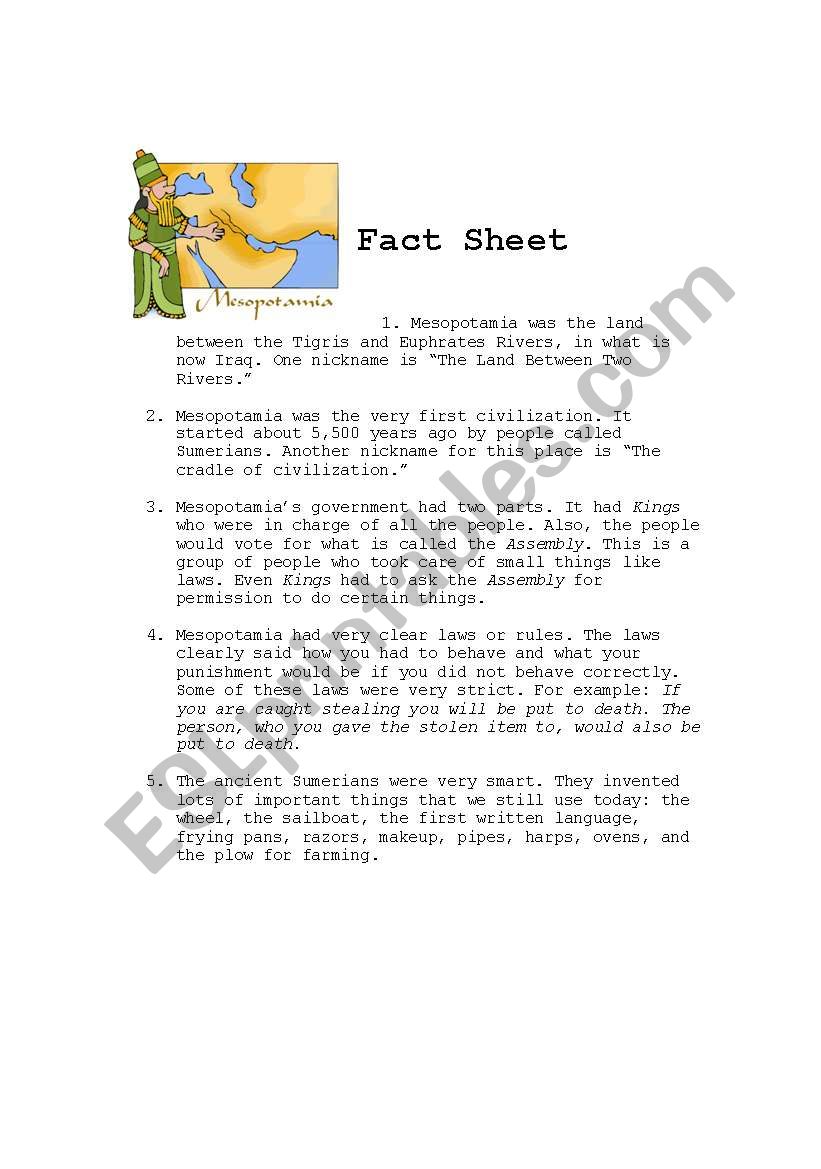 Mesopotamia: Fact Sheet worksheet