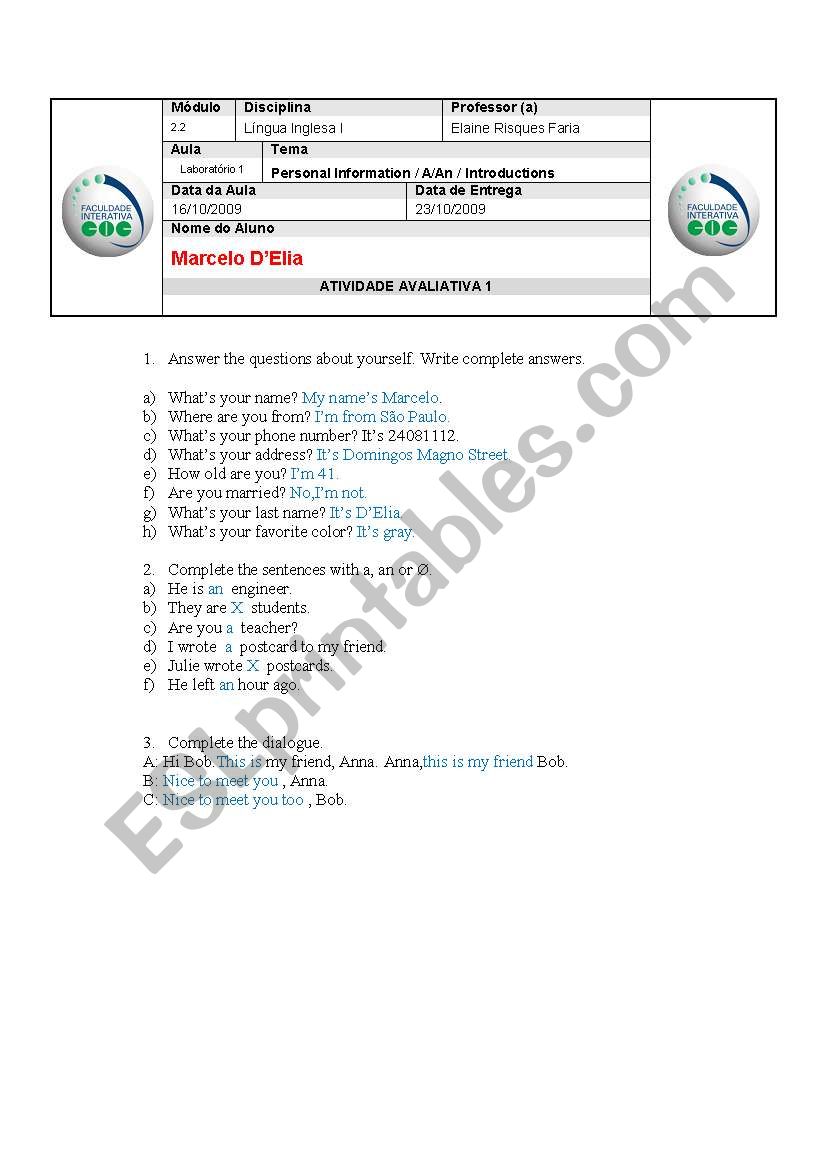 verb to be worksheet