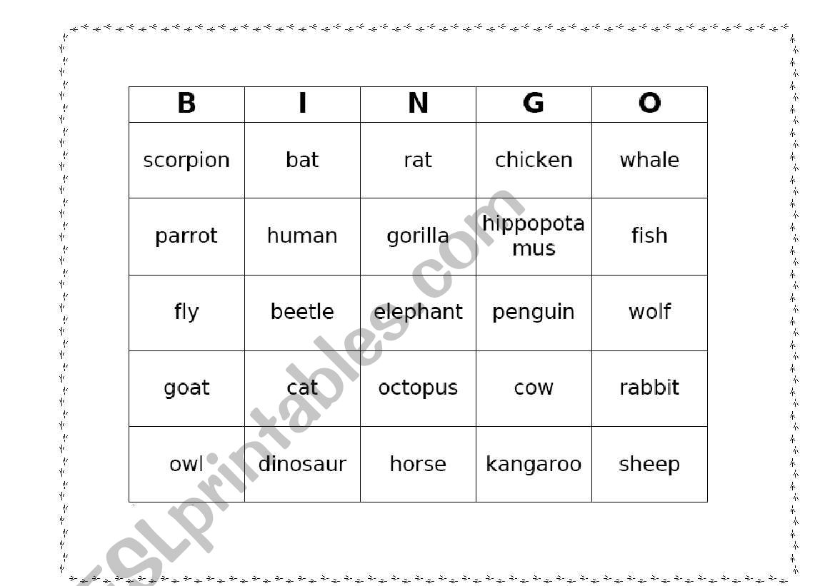 Bingo about animals worksheet