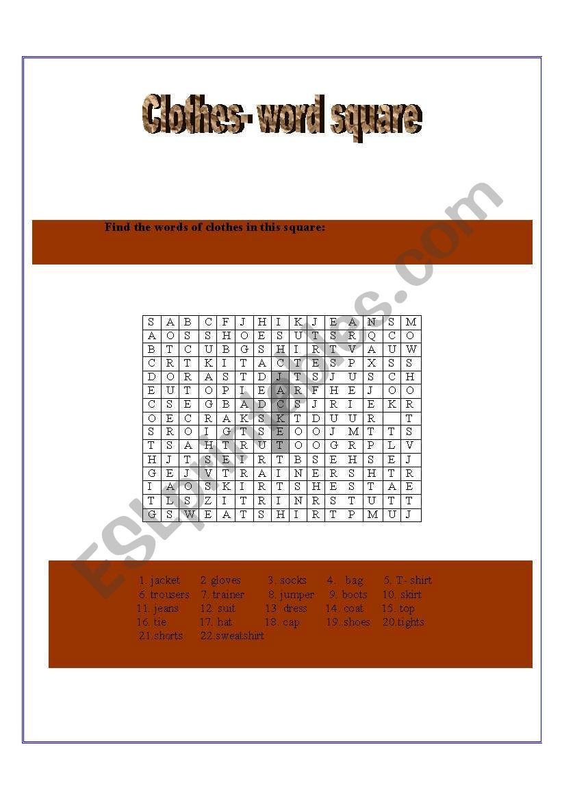 Clothes word square worksheet