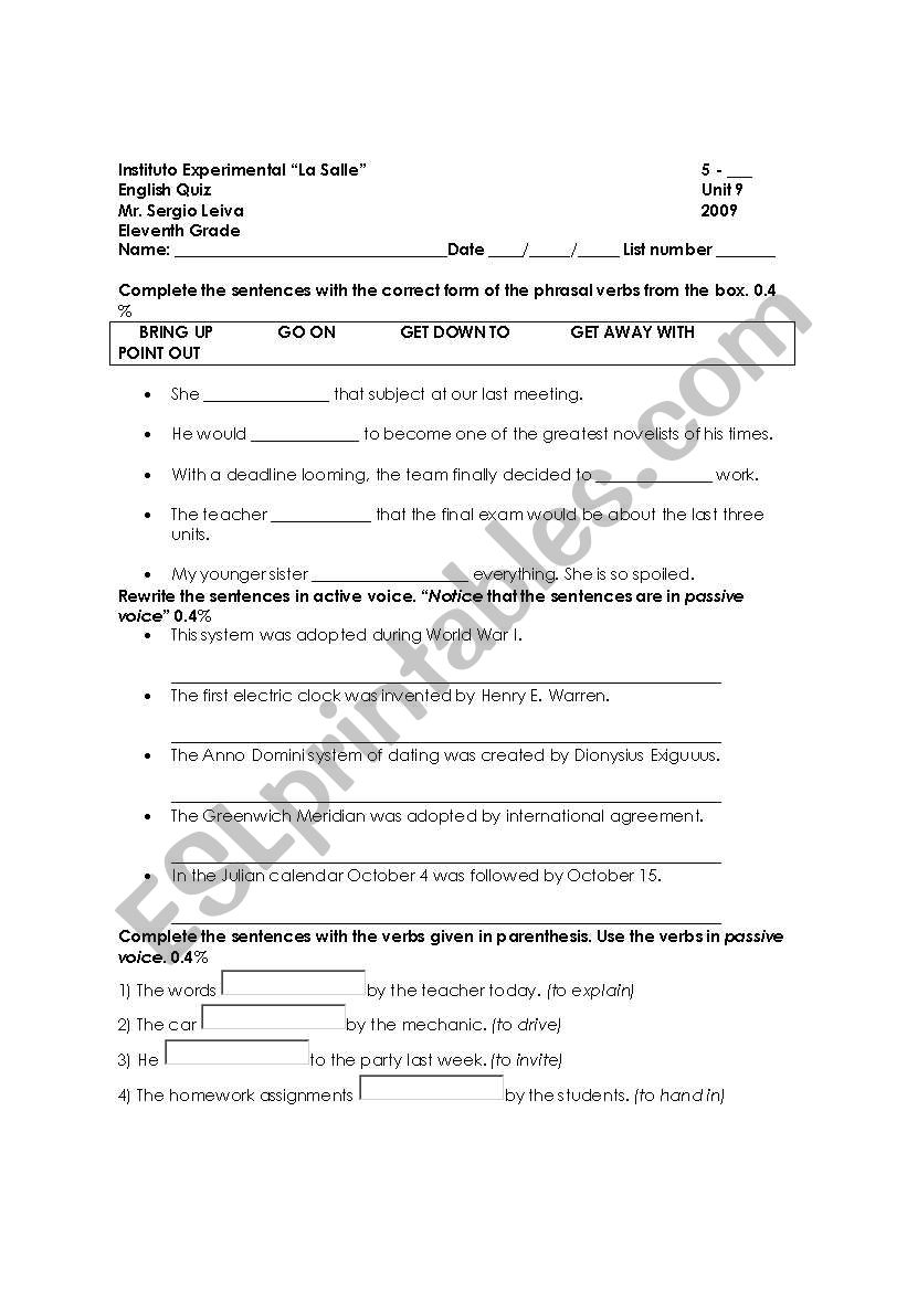 Exam worksheet