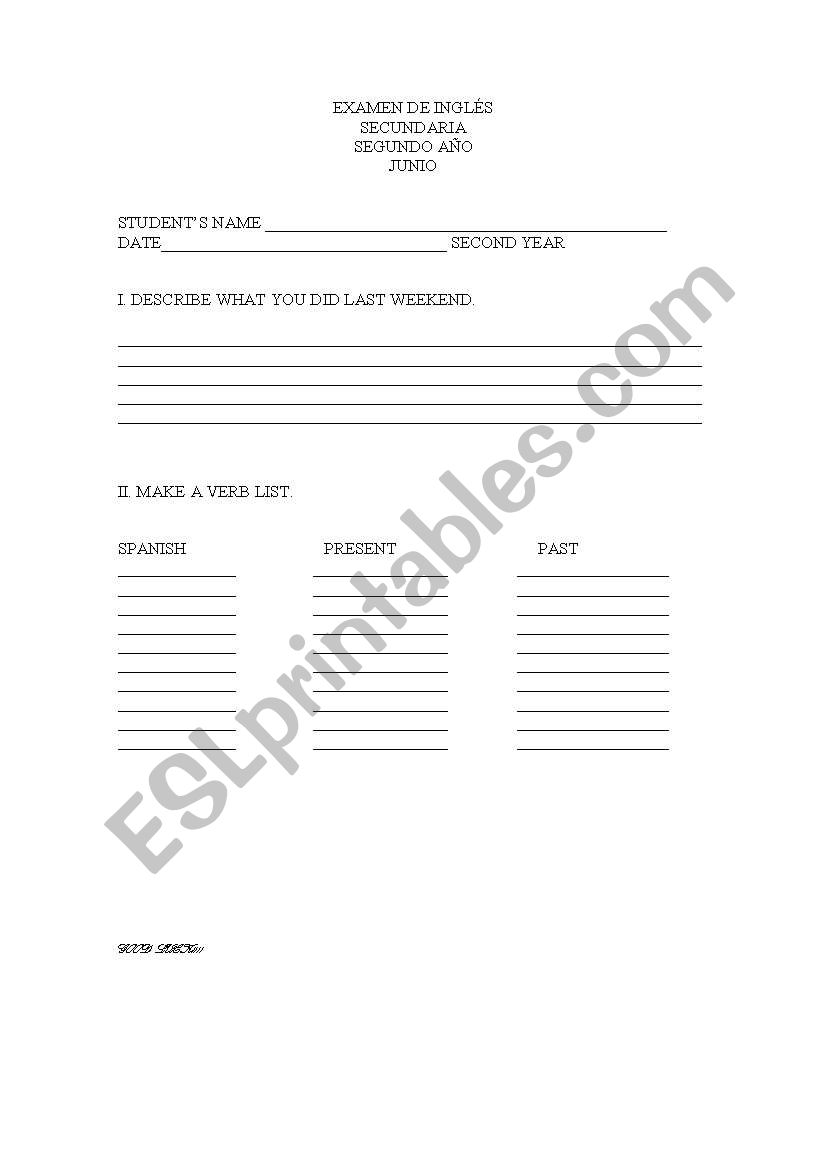 past tense test worksheet