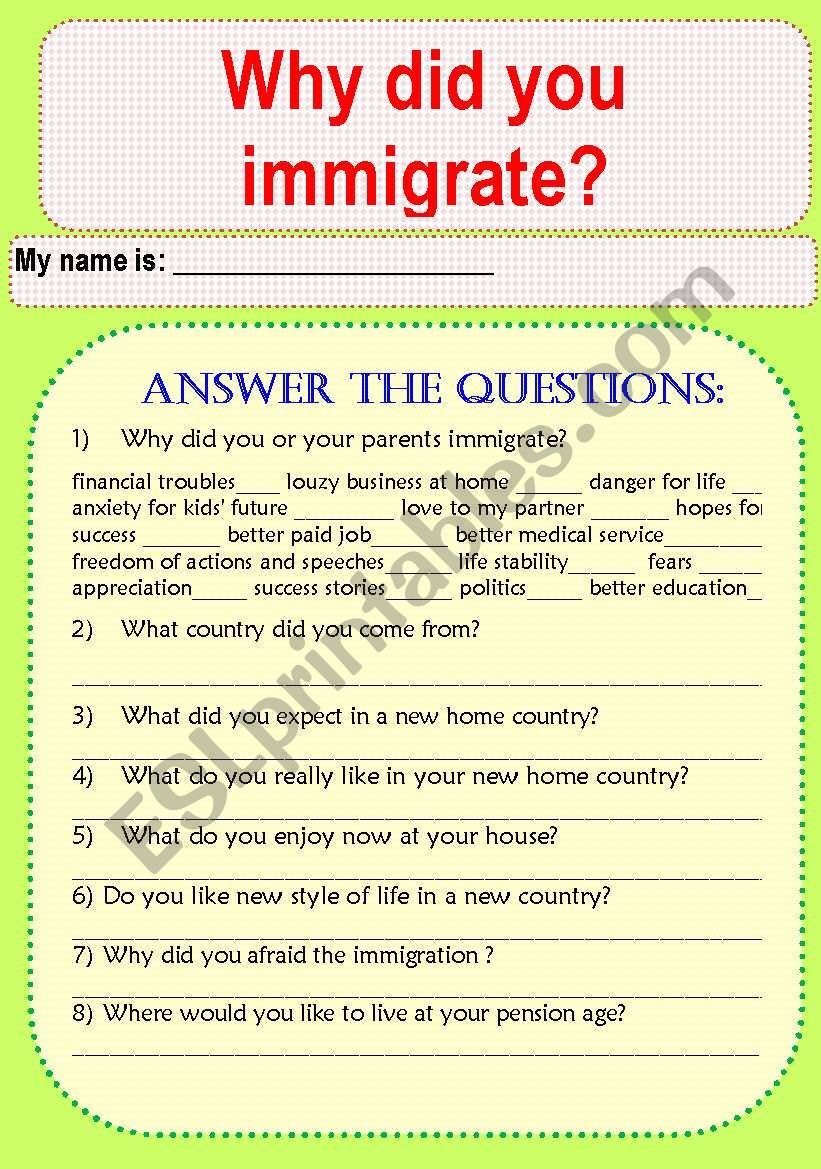 Why Did You Immigrate? worksheet