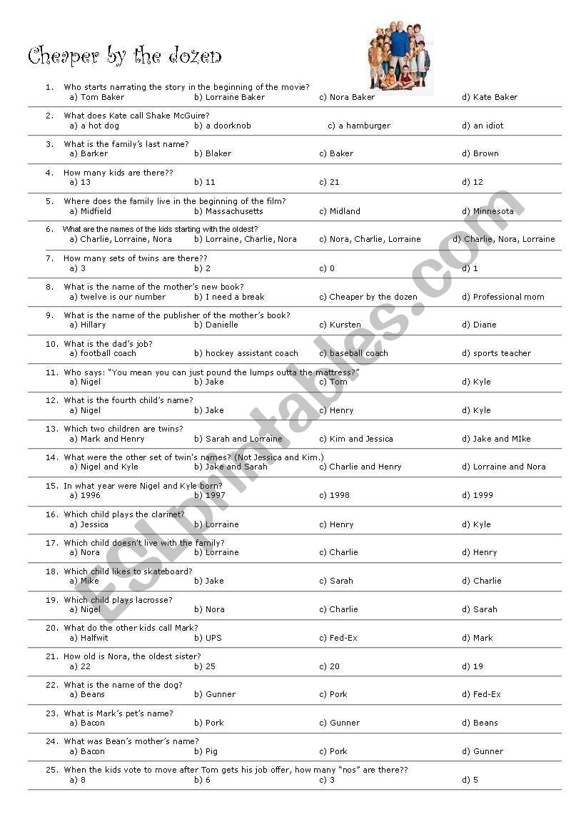 Cheaper by the dozen worksheet