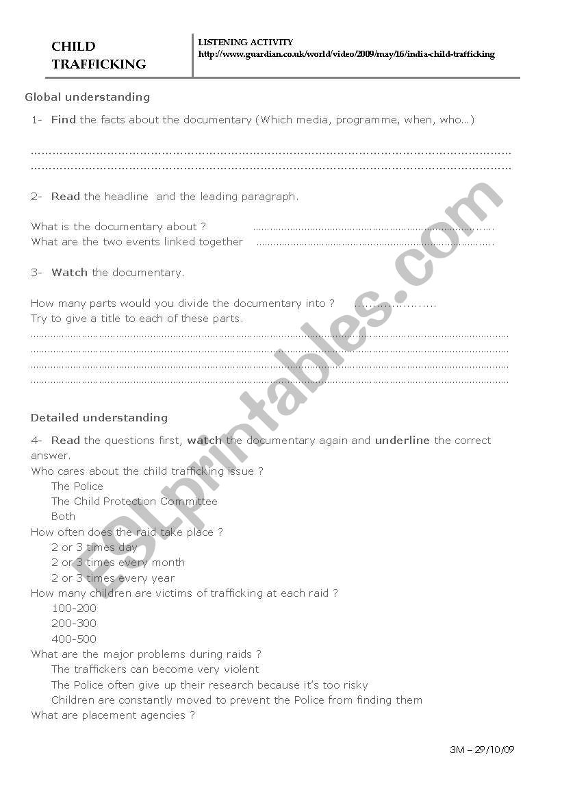 CHILD TRAFFICKING	 worksheet