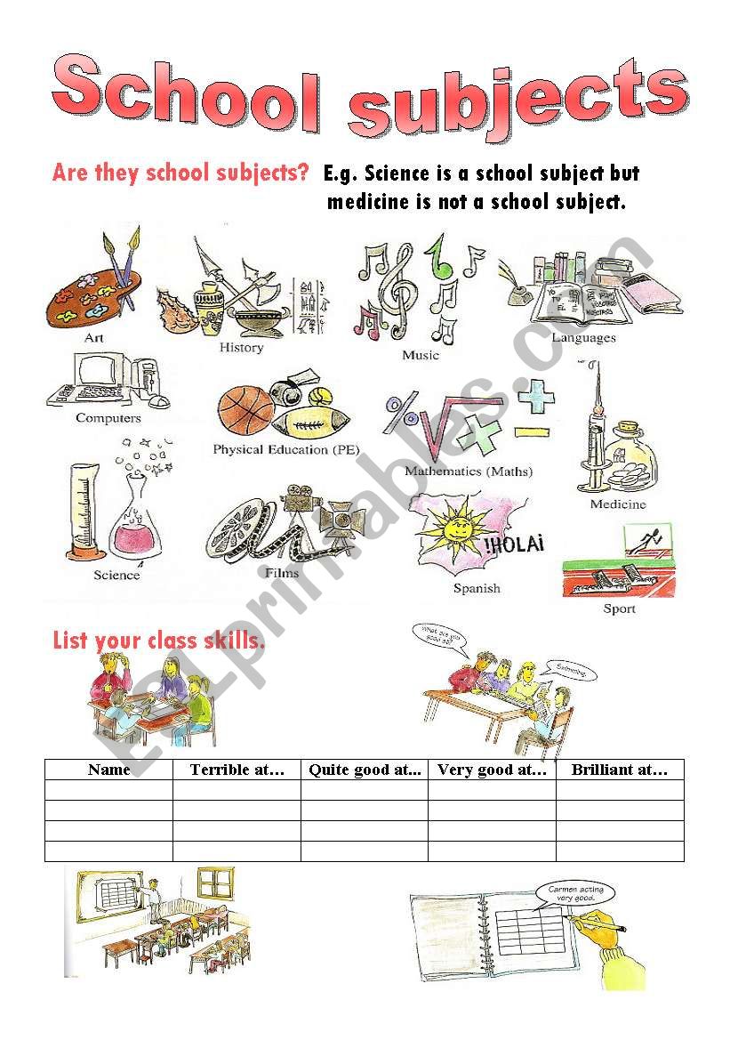 School subjects worksheet