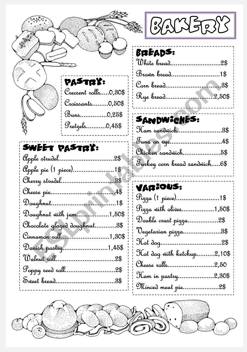 BAKERY PRICE LIST worksheet