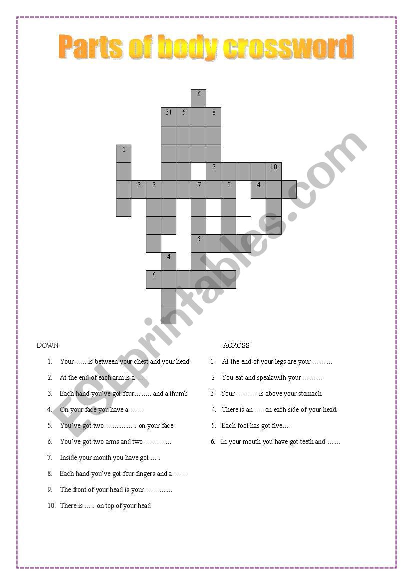 Parts of body crossword worksheet