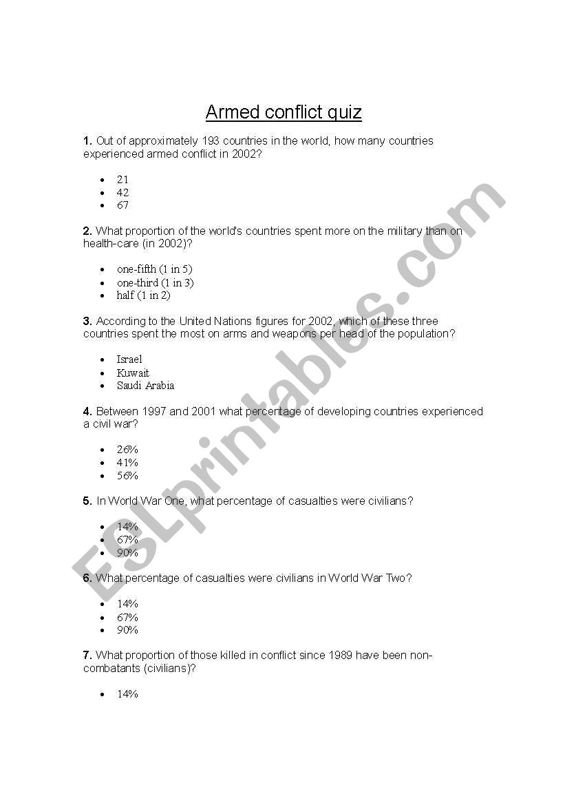Armed Conflict Quiz worksheet