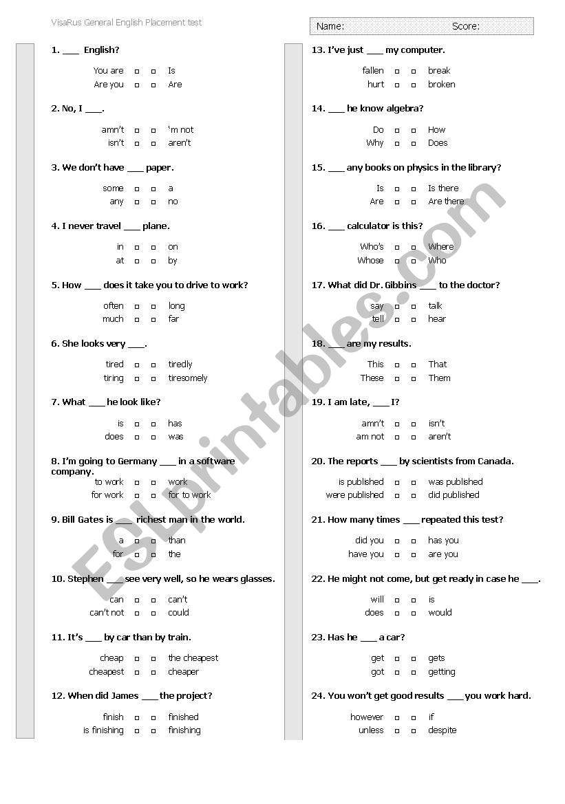 Placement test worksheet