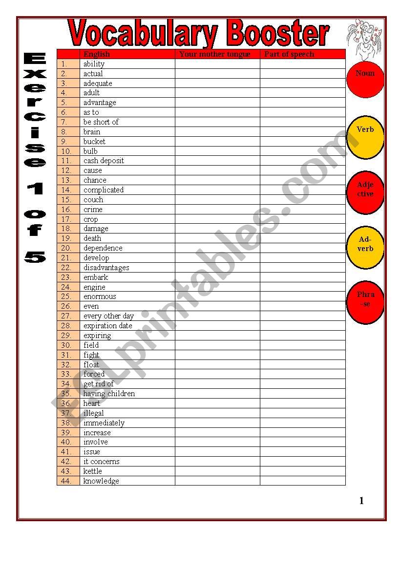 Vocabulary booster. 5 different exercises to improve ss vocabulary