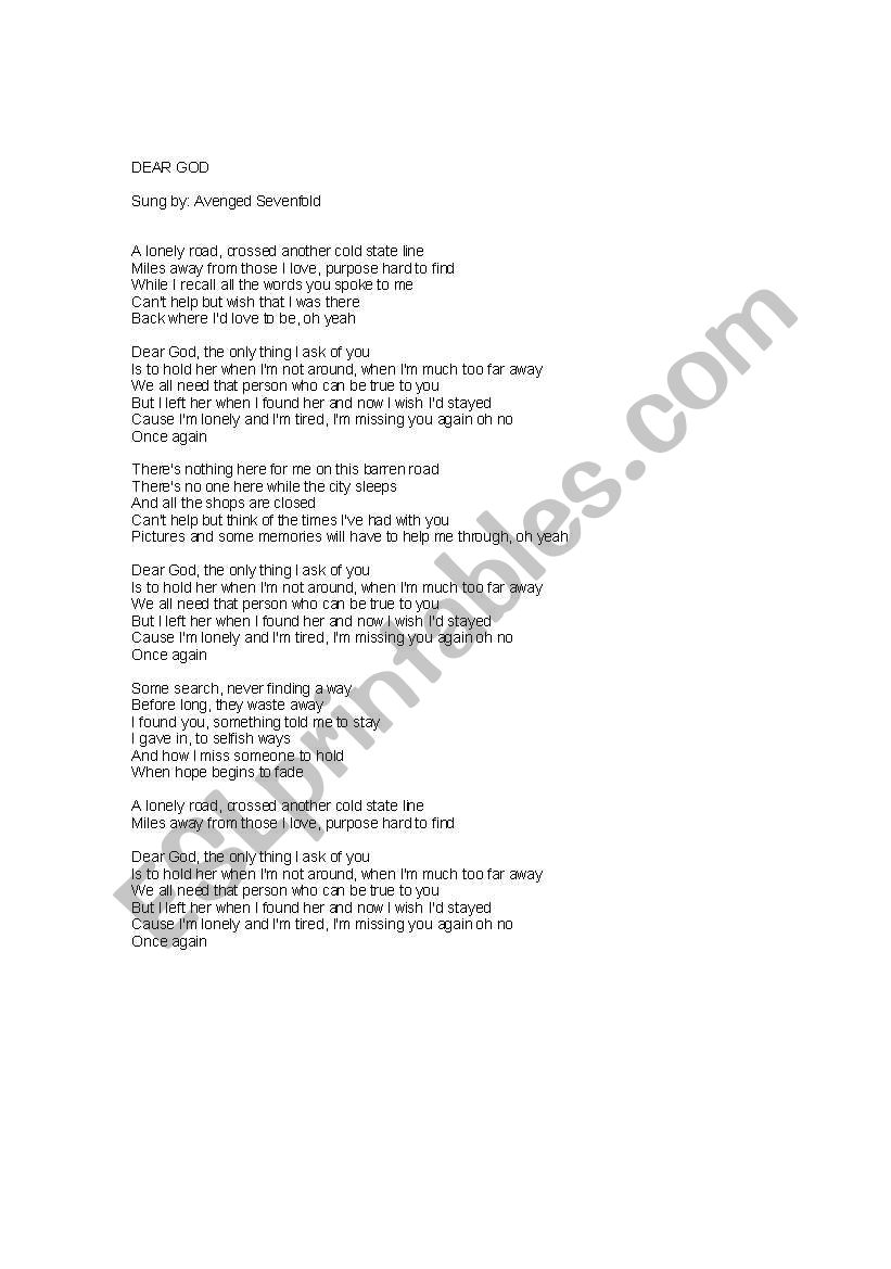 song listening_dear god worksheet