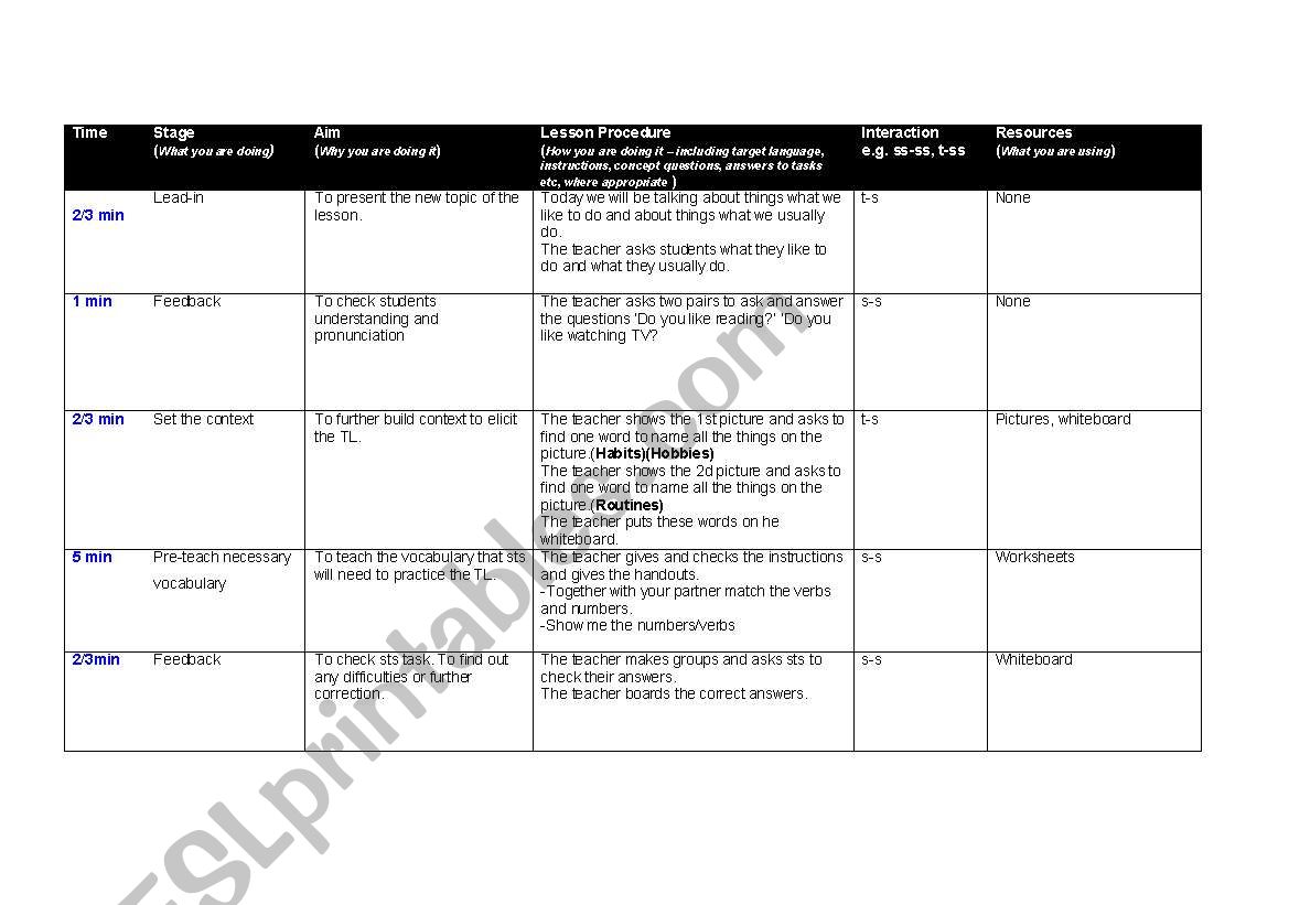 Hobbies and Routines worksheet