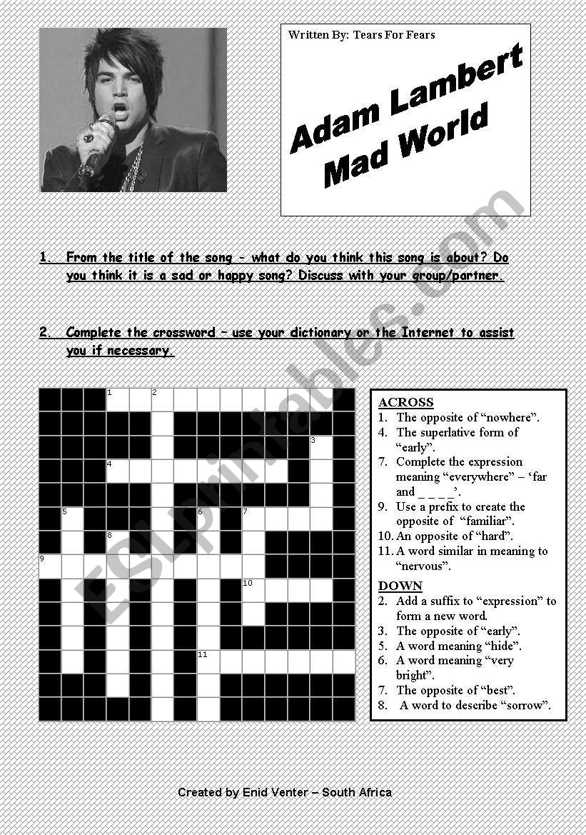 Song: Adam Lambert - Mad World. Fully editable. B&W. Colour version at http://www.eslprintables.com/printable.asp?id=268282#thetop