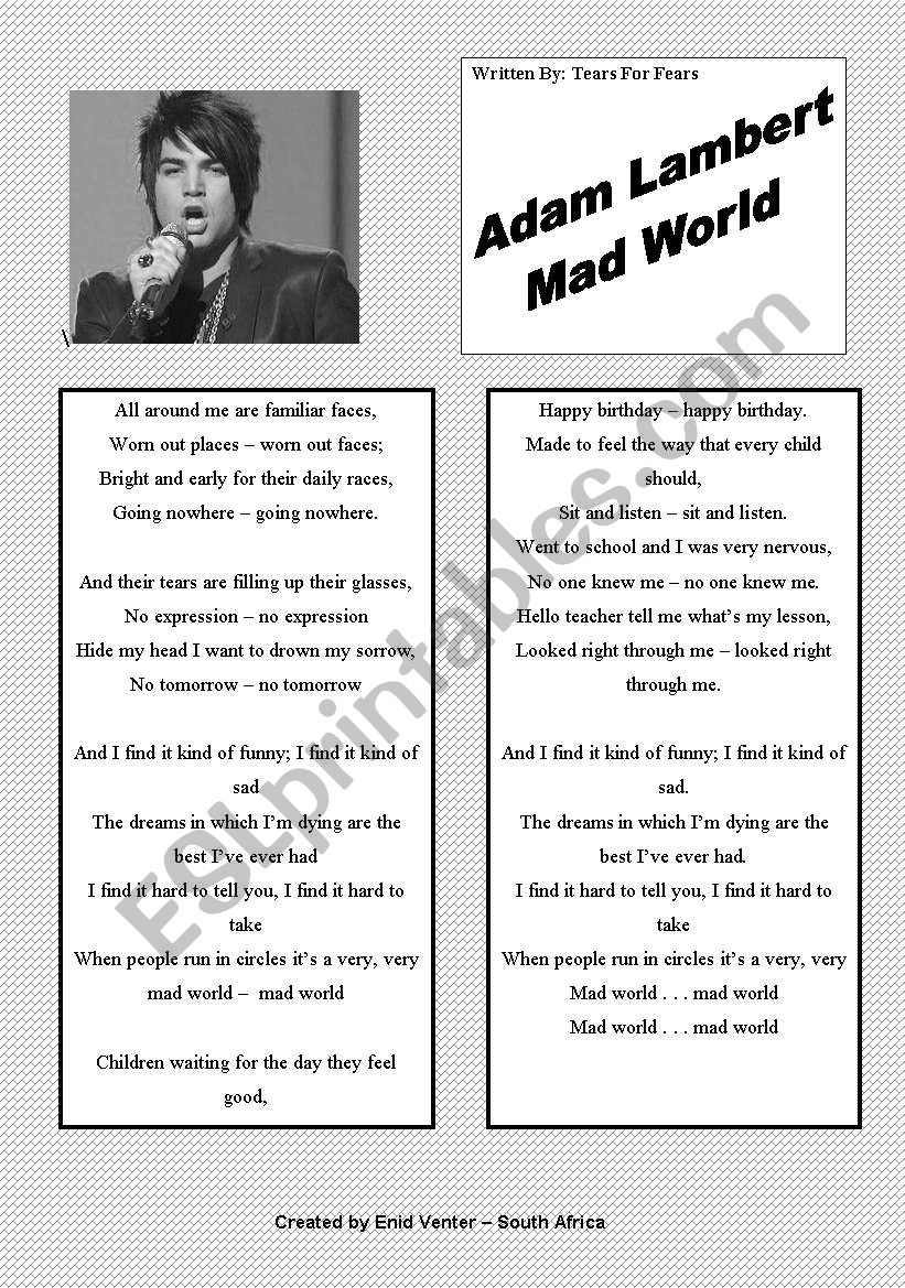 Song Adam Lambert Mad World Fully Editable B W Colour