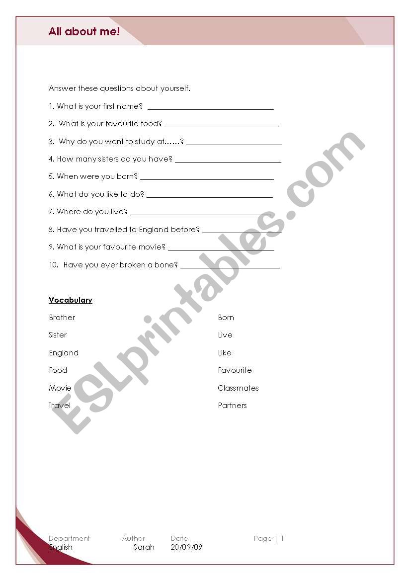 All about me worksheet