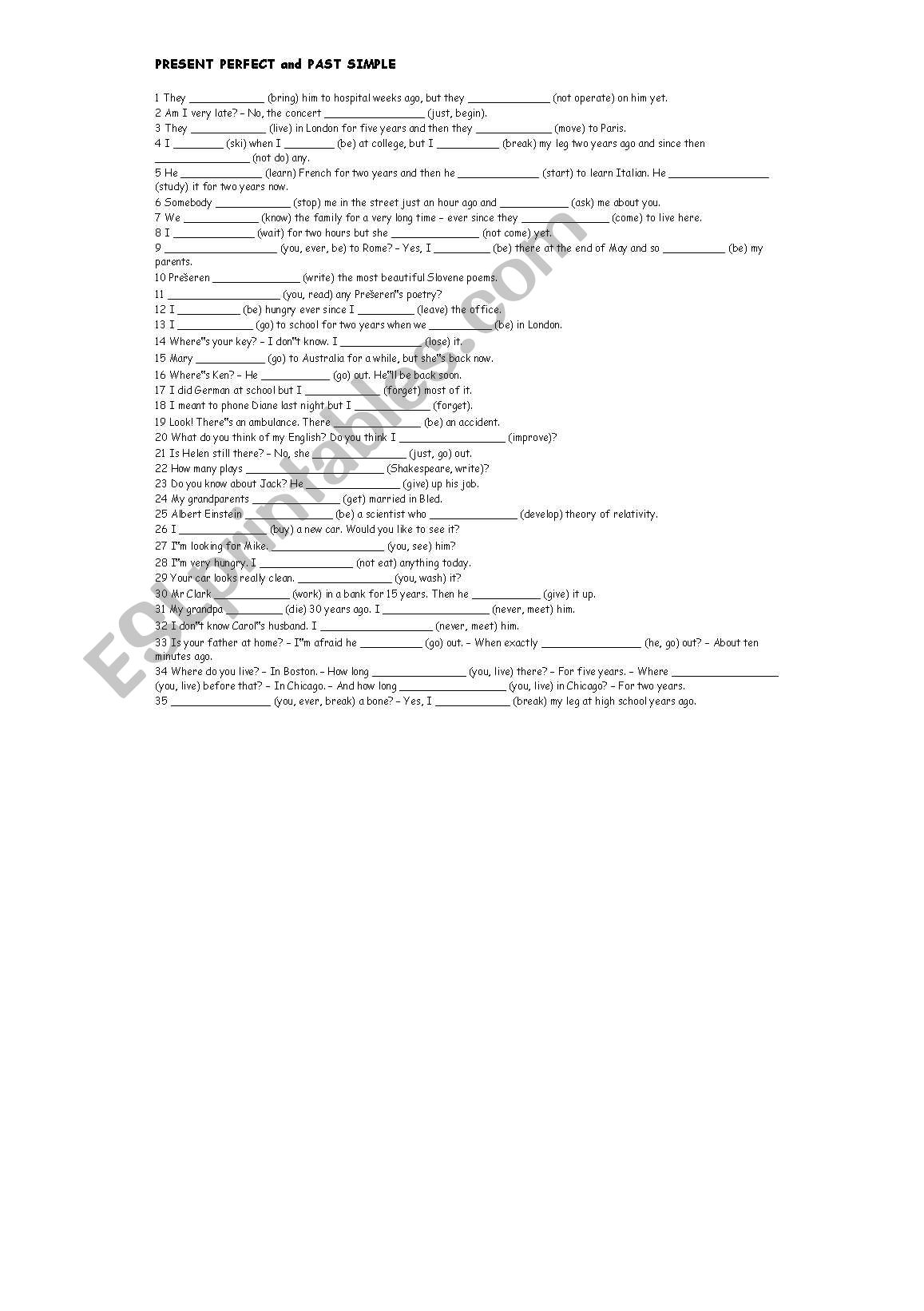 PRESENT PERFECT and PAST SIMPLE - Printer friendly