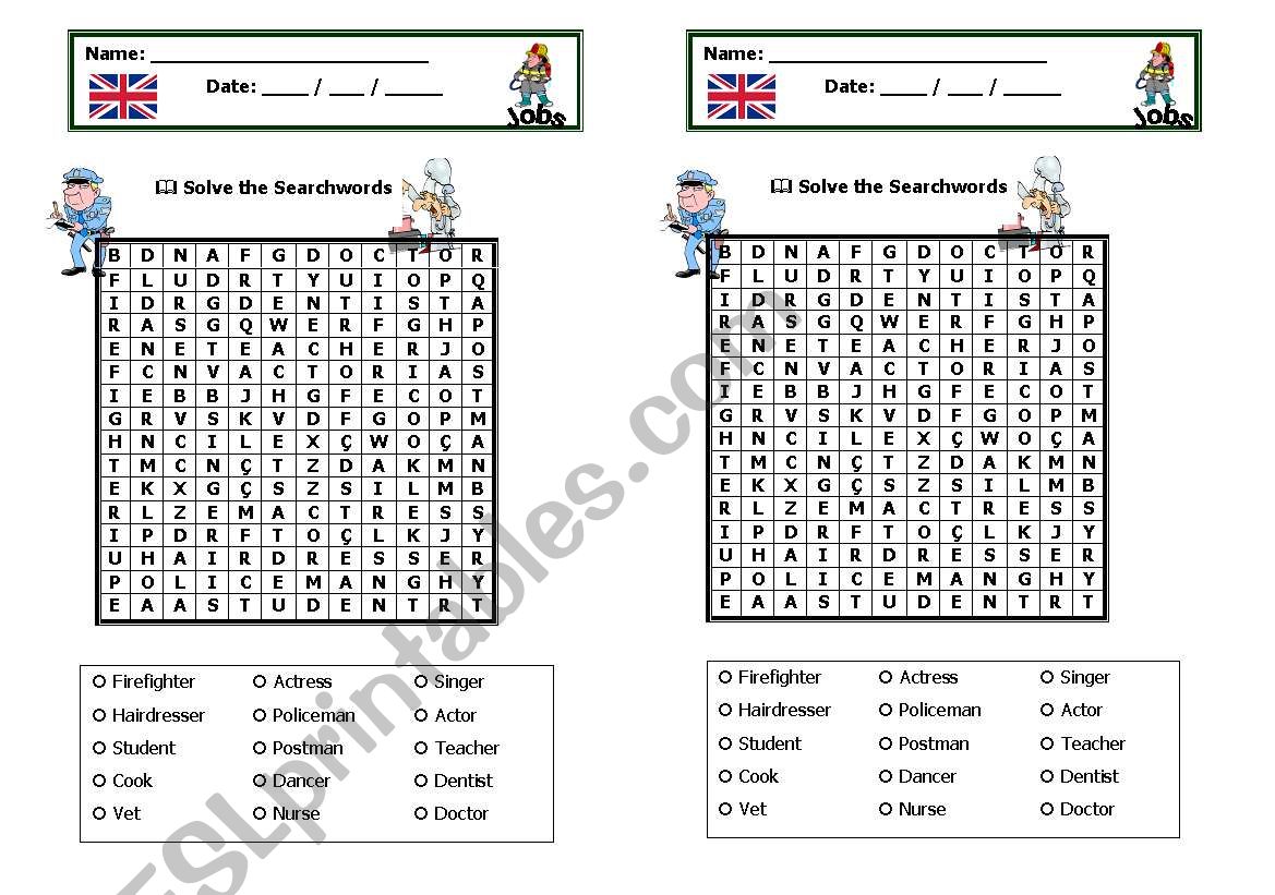 Jobs search words worksheet