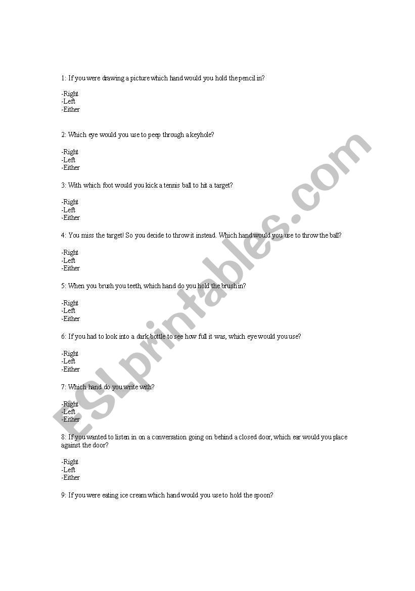 Left or Right-handedness Quiz and Conversation Questions