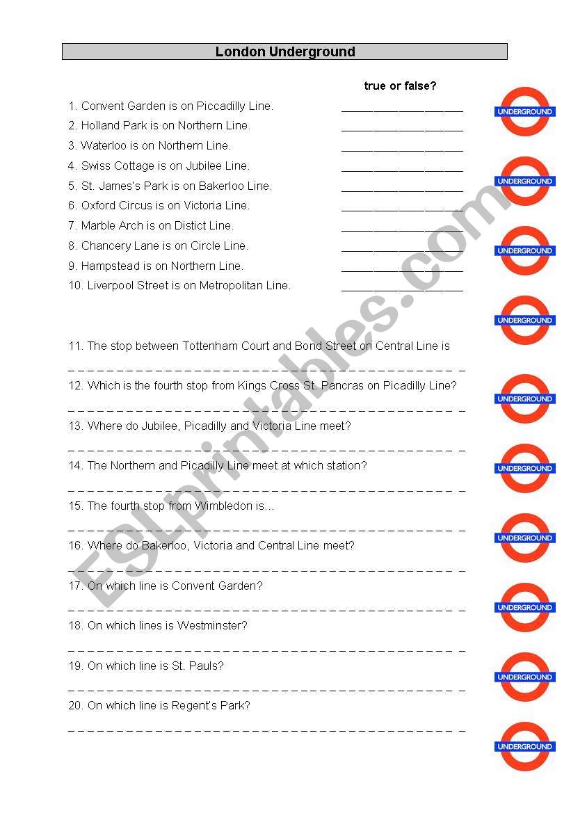 London Underground Search 1/3 worksheet