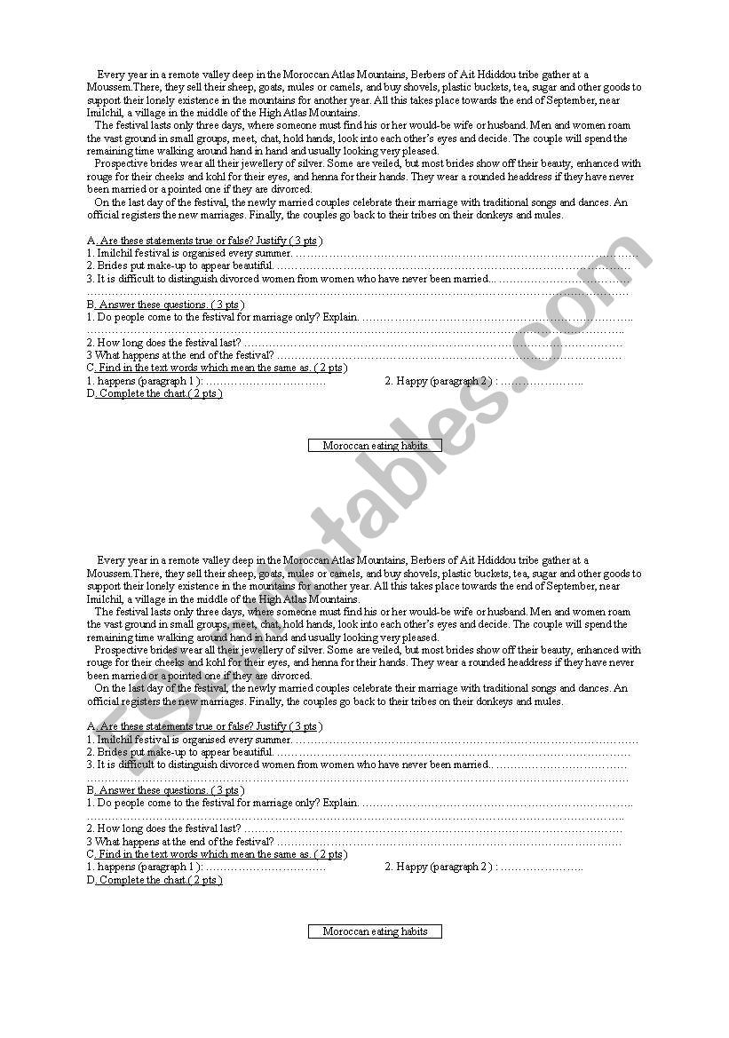 Imilchil festival in Morocco worksheet