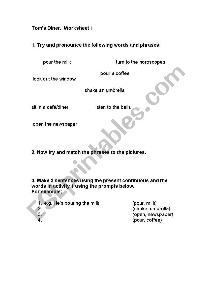 Toms Diner pre song vocab worksheet