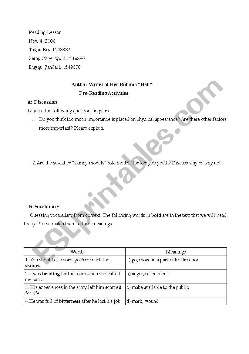 Reading Lesson about Bulimia worksheet