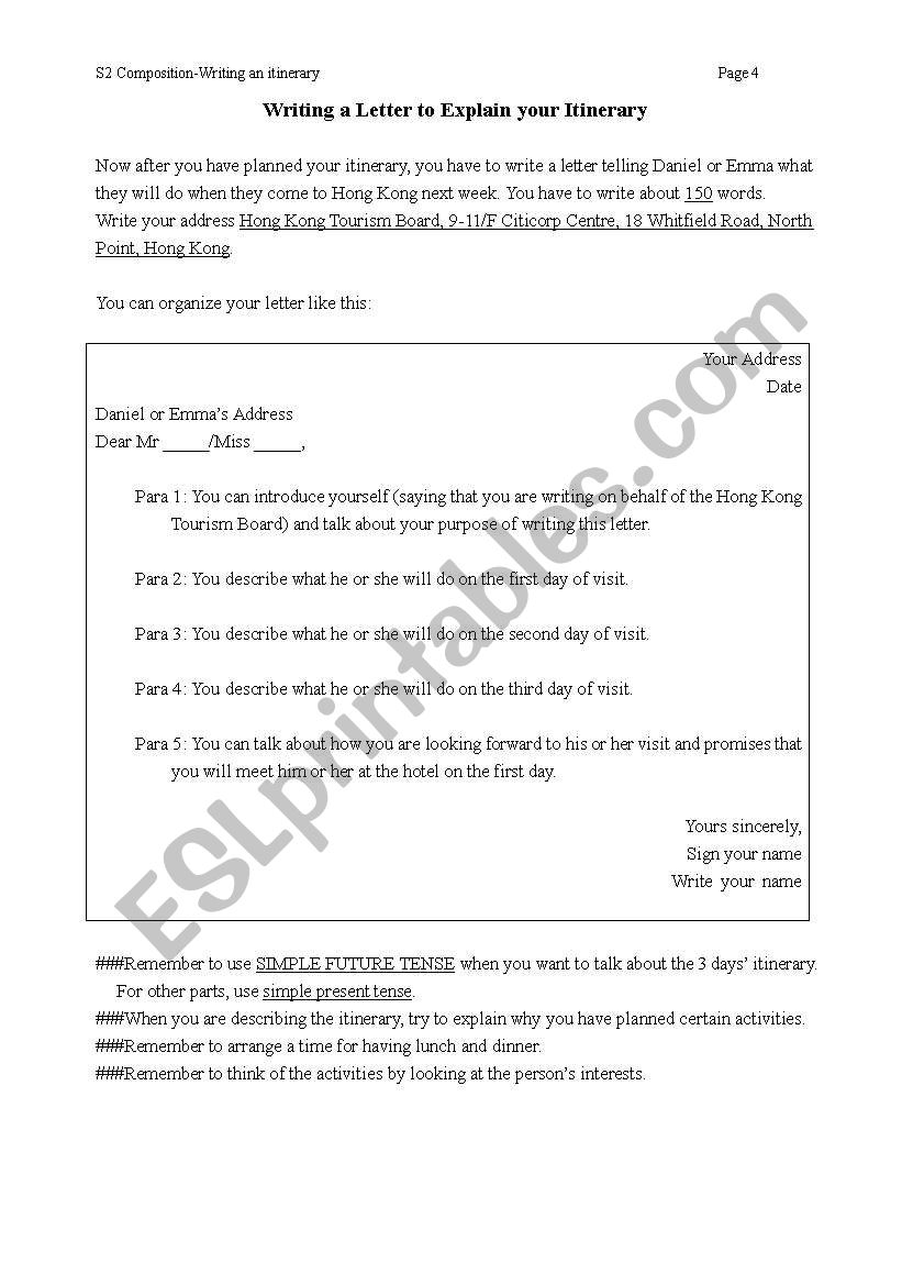 Writing an Itinerary and a Formal Letter - ESL worksheet by aikokaren