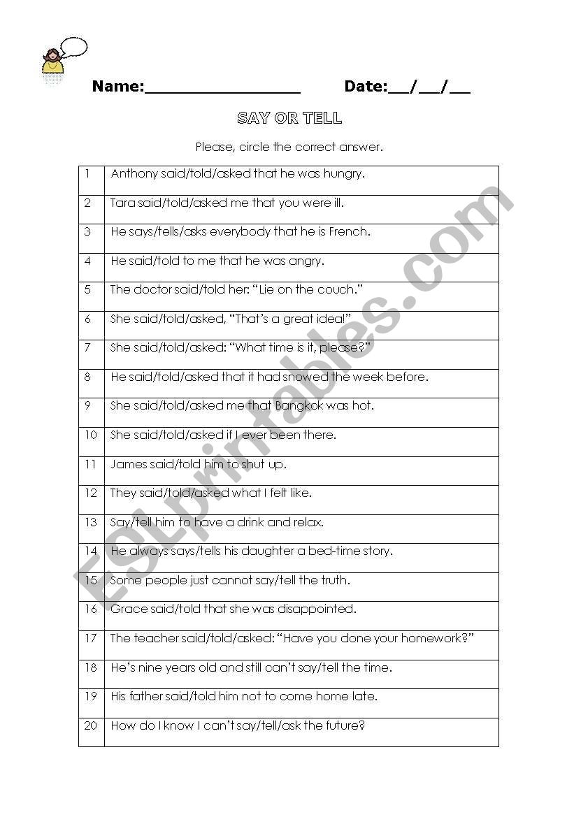 Say or Tell Quiz worksheet