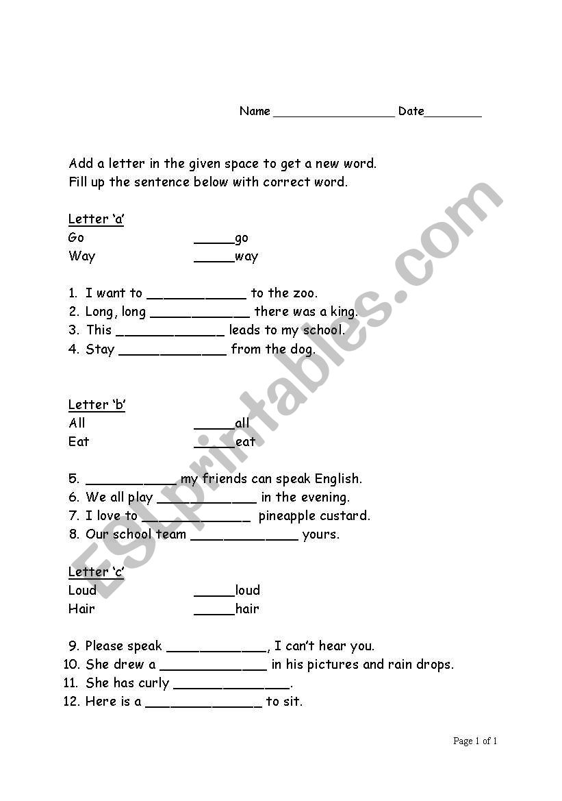 Add game a, b, c worksheet