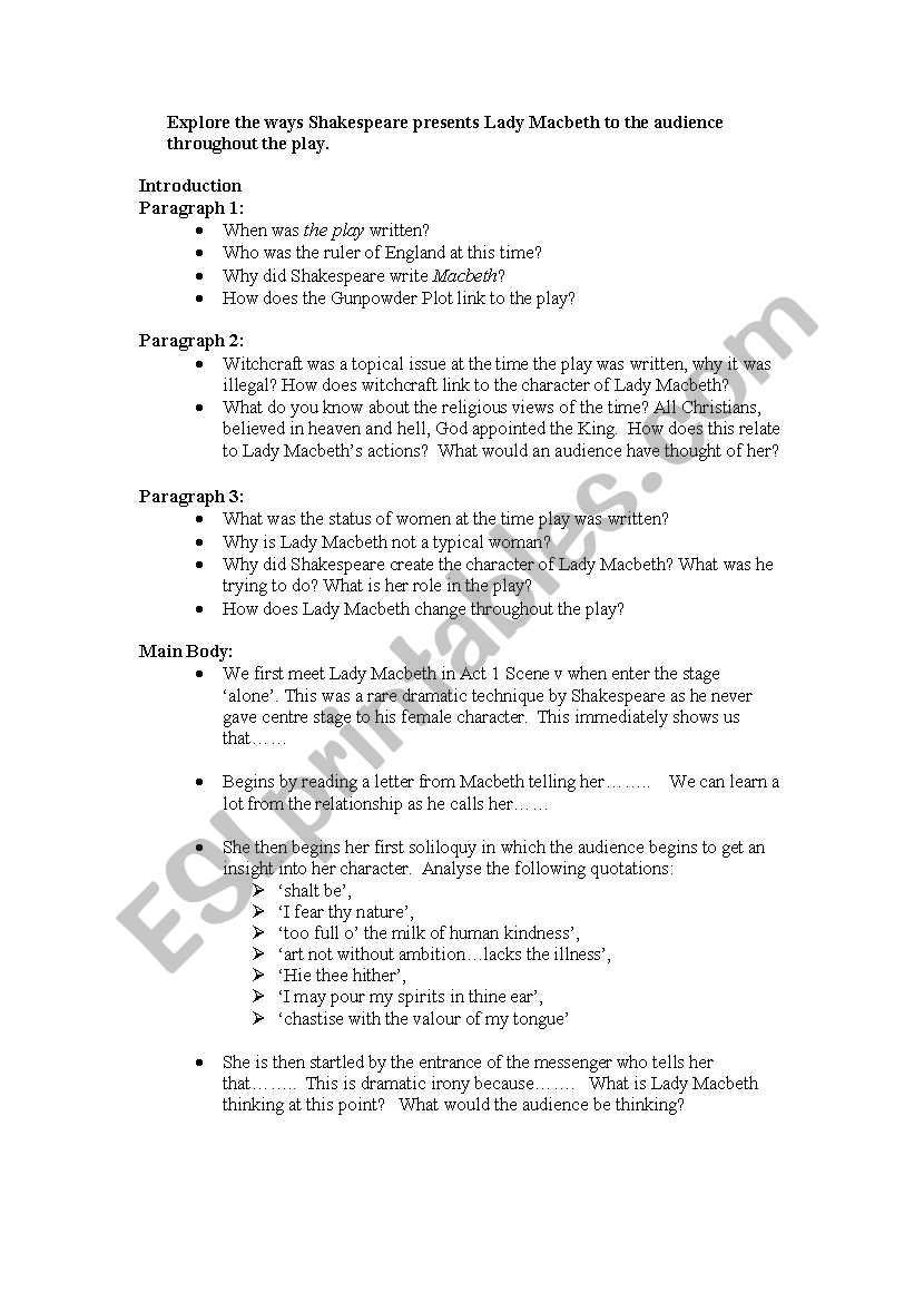 Lady Macbeth writing frame worksheet