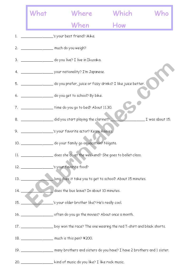 Whats the Question Word? worksheet