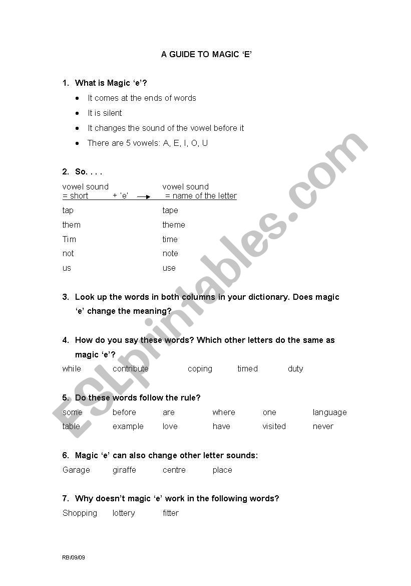 Guide to Magic e worksheet