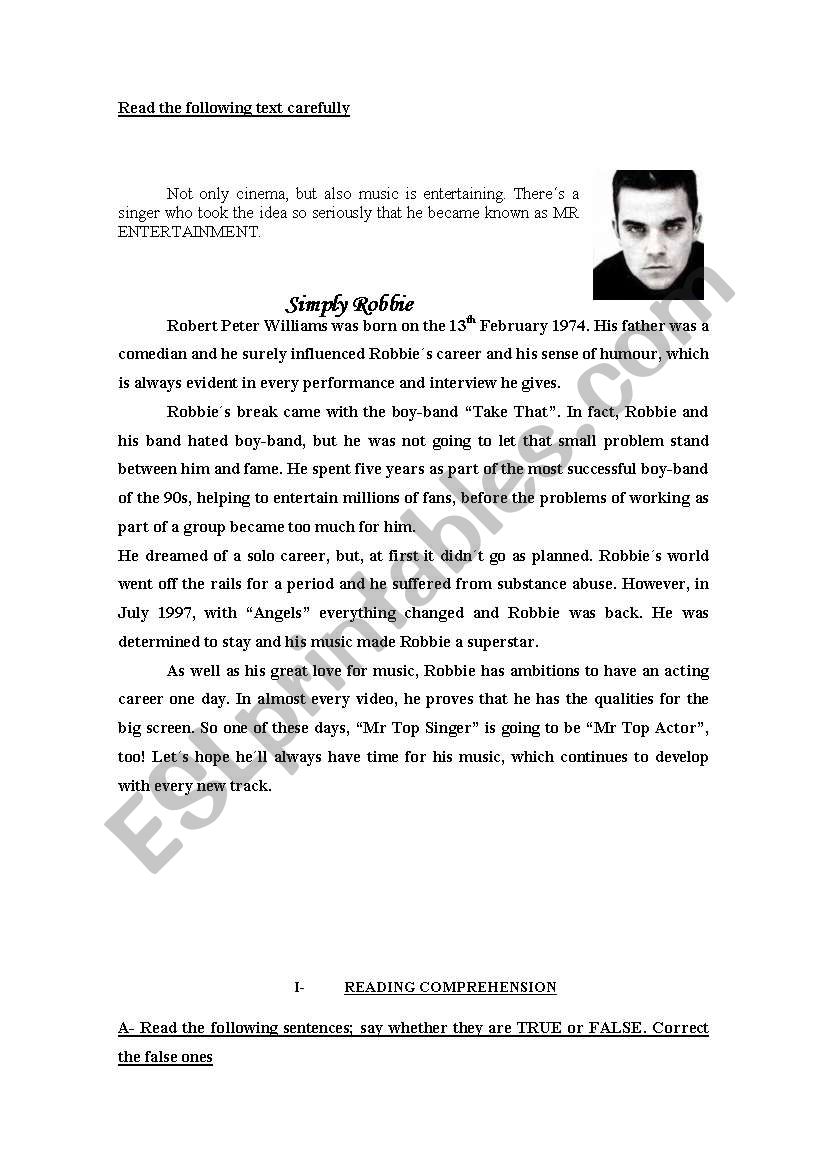Test on Robbie Williams worksheet