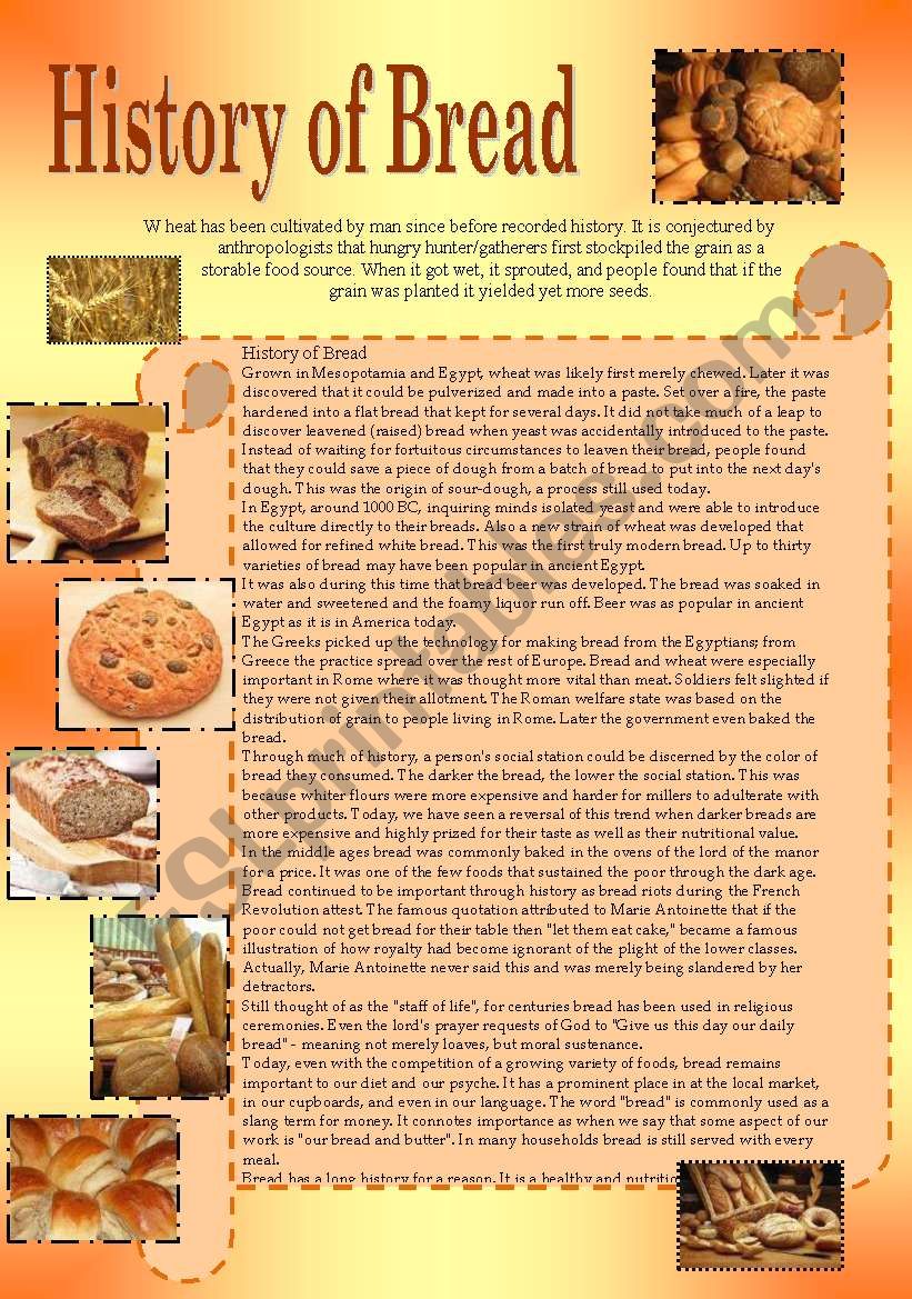 History of Bread 2 pages worksheet