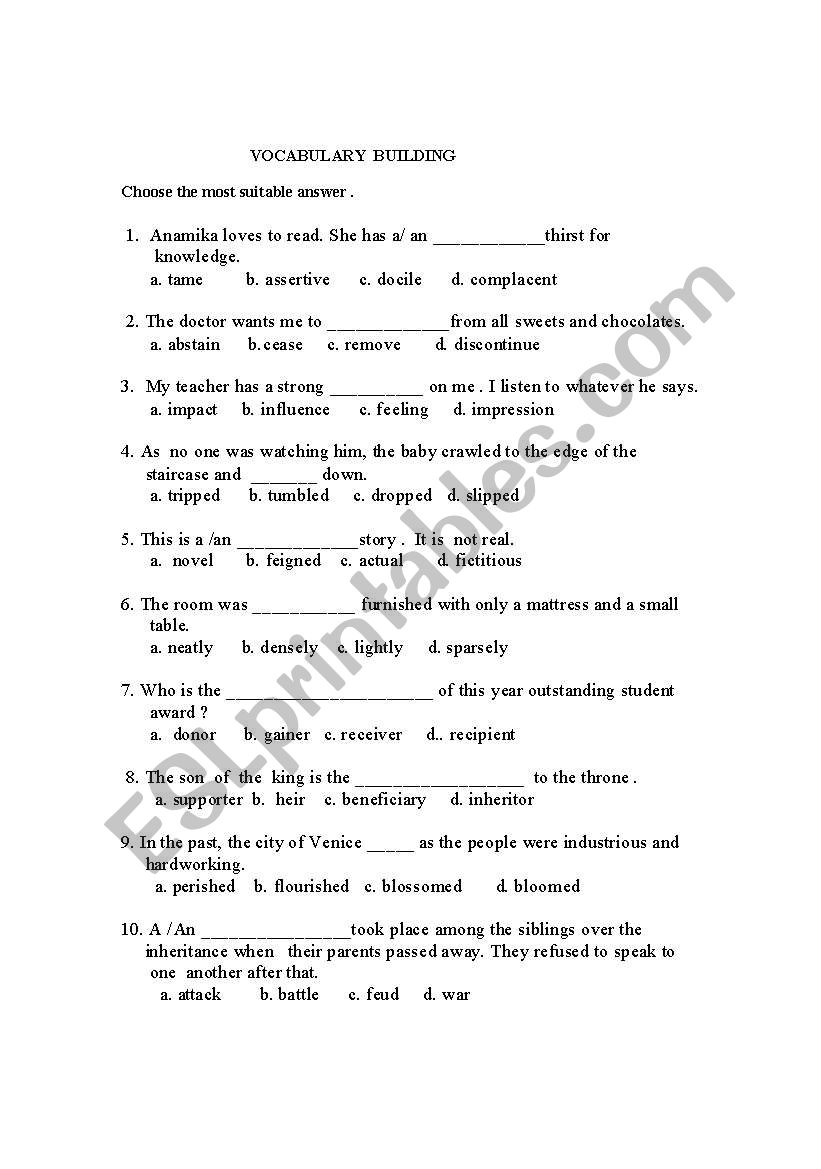 vocabulary building  worksheet