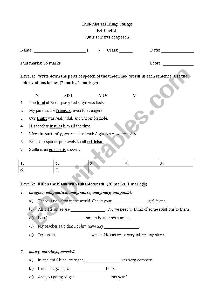 Parts of Speech worksheet