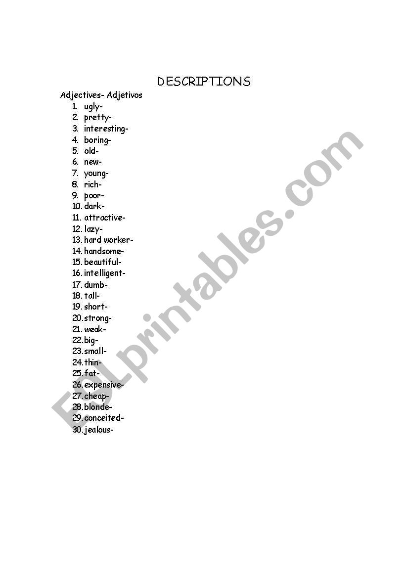 descritions worksheet